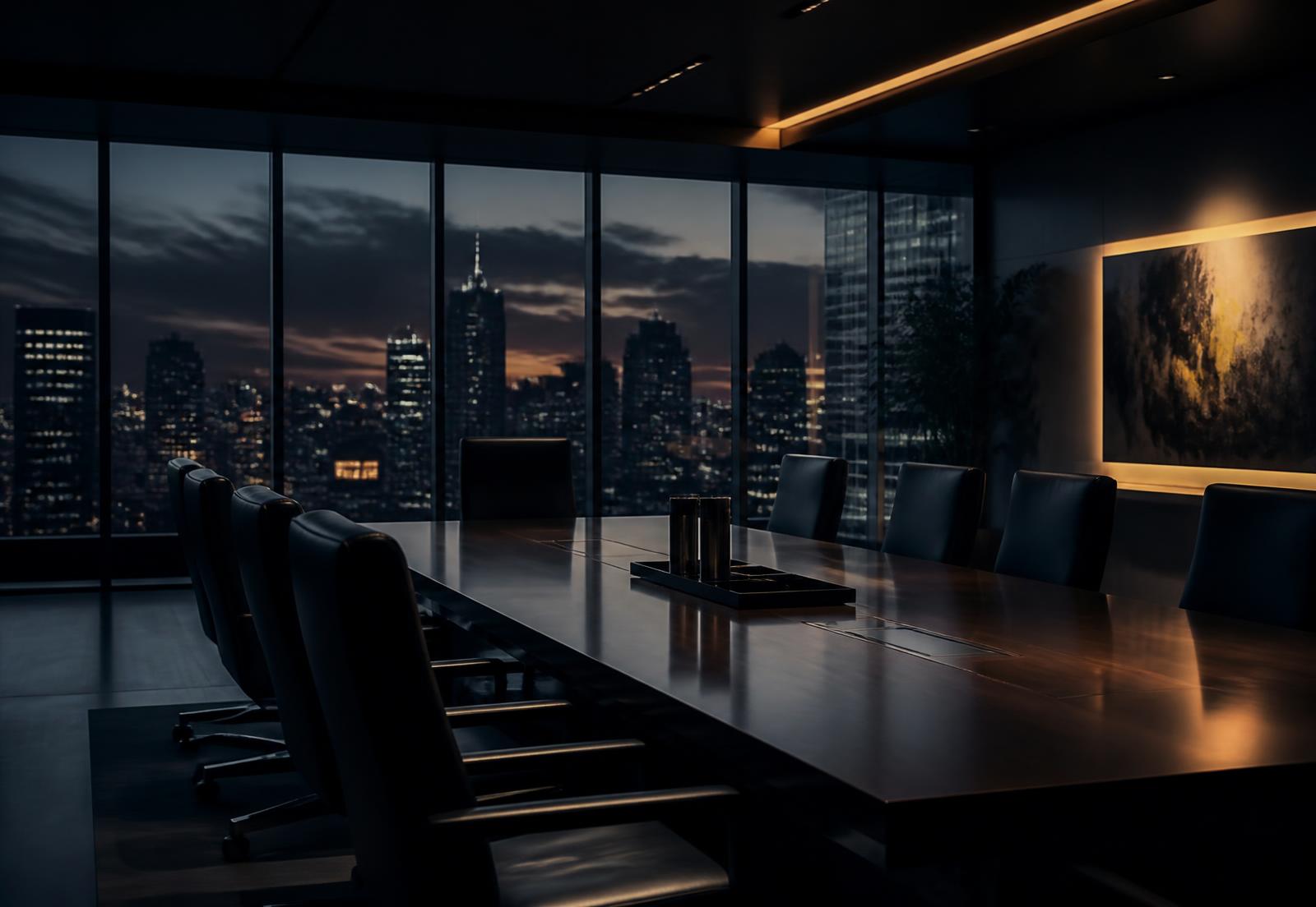 Sala de reunião corporativa ao anoitecer, ambiente de decisões empresariais